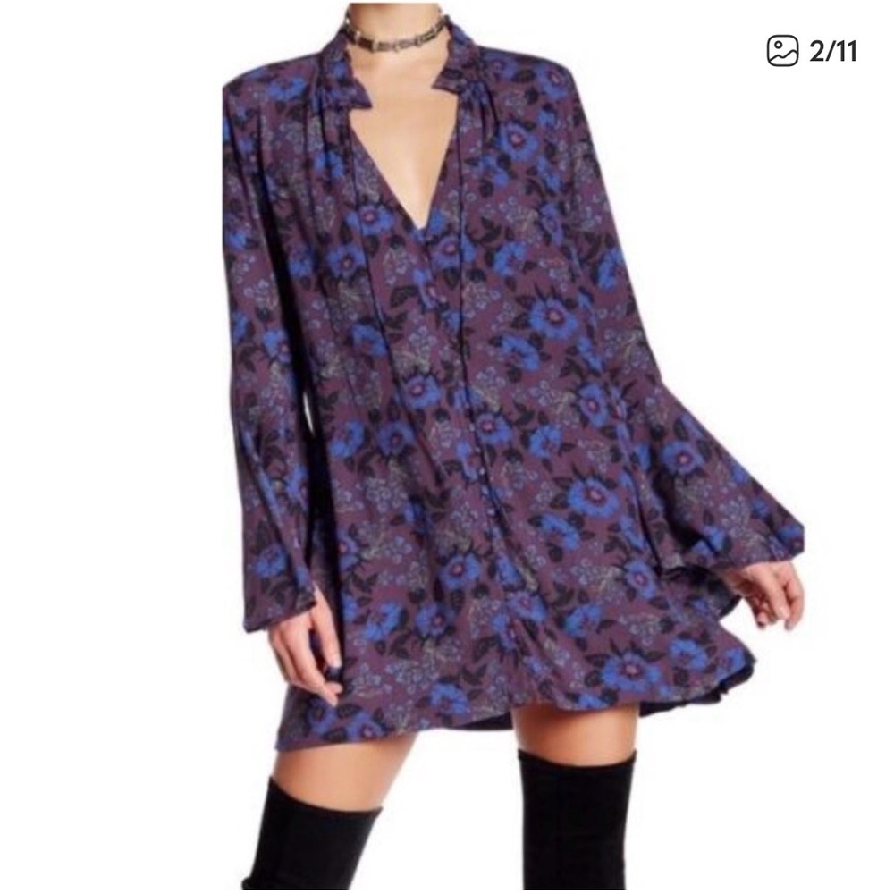 Free People Magic Mystery  Purple Floral Tunic Mini Dress‎ with Blue Accents